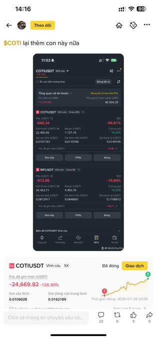 A screenshot of a Vietnamese crypto trading post on what appears to be Binance, showing significant losses on COTI and RIF positions. The post details a COTI short trade that resulted in a -$24,669 (-126.9%) loss, alongside an ongoing COTI 20x cross position down -$640 (-56.81%) and a RIF 5x cross position down -$972 (-19.84%), with the trader asking followers if these positions can still be saved.