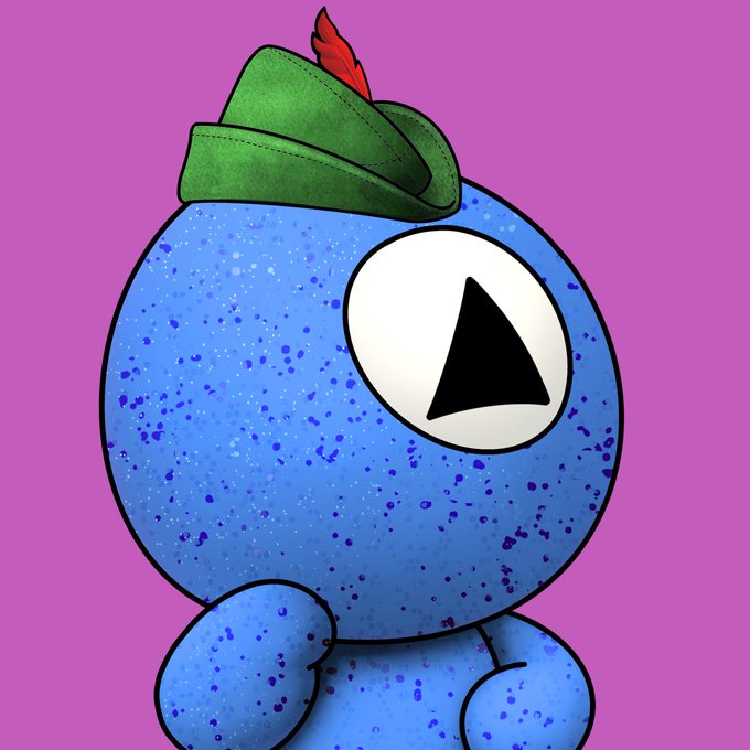 A blue speckled NFT character with a single triangular pupil and green Robinhood hat with a red feather. The image visually represents the "Blue, speckled finish, triangle pupil, Robinhood Hat" traits from the post, accompanying a tweet announcing its mint and SPY backing details.