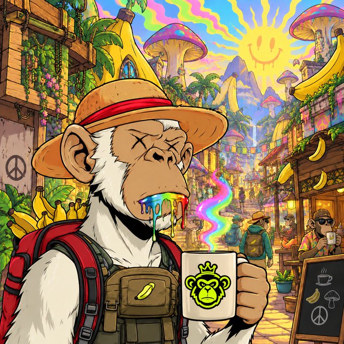 A colorful, psychedelic cartoon illustration of a monkey wearing a straw hat and tactical vest, holding a coffee mug with a Bored Ape logo, set in a vibrant banana-themed village with a smiling sun.