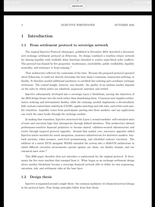 A screenshot of the Injective Whitepaper dated October 2026, displaying the 'Introduction' section with subsections '1.1 From settlement protocol to sovereign network' and '1.2 Design thesis'.