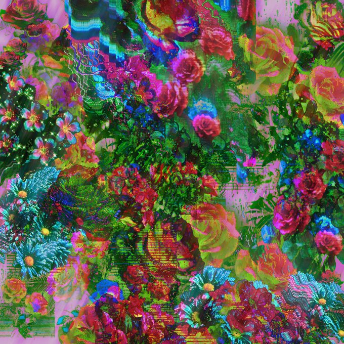 A highly saturated, glitch-art style collage featuring roses, daisies, and other flowers in vivid pinks, blues, and greens with digital distortion effects.