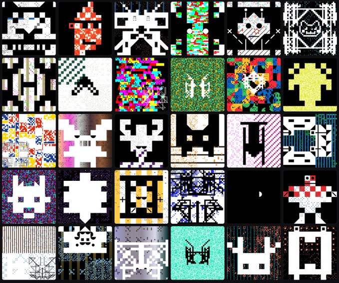 A grid collage of various pixel art designs and abstract digital patterns in different colors and styles.