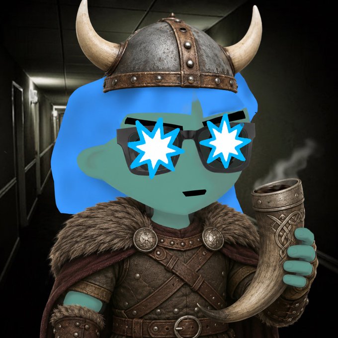 Cartoon blue-skinned character wearing a horned Viking helmet and star-shaped sunglasses, holding a drinking horn in a dark hallway.