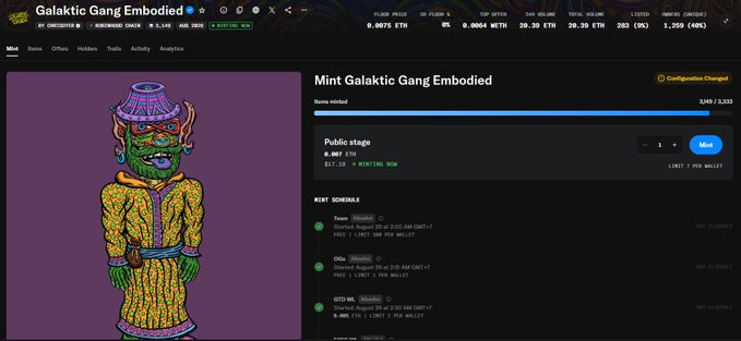 NFT minting page for "Galactic Gang Embodied" showing a 3,183/3,333 minted count at 0.007 ETH, featuring a colorful pixel-art demon character in yellow attire against a purple background.