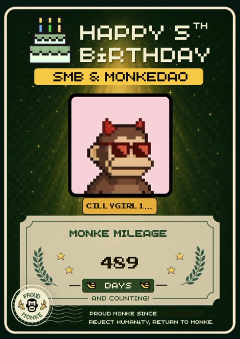 A digital 'Happy 5th Birthday' card from SMB & MonkeDAO celebrating '489 Days' of Monke Mileage, featuring a pixel art monkey avatar wearing red sunglasses with devil horns and the phrase 'Reject humanity, return to monke.'