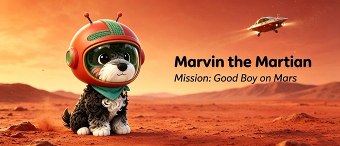 A fluffy black-and-white puppy wearing a red astronaut helmet and green bandana sits on the dusty Martian surface with a UFO hovering in the background, with text reading "Marvin the Martian - Mission: Good Boy on Mars." The image playfully matches the post's joke about canine aerospace fashion by giving the "Marvin the Martian" meme token's mascot a space-ready look fit for Elon Musk's cosmic ambitions.