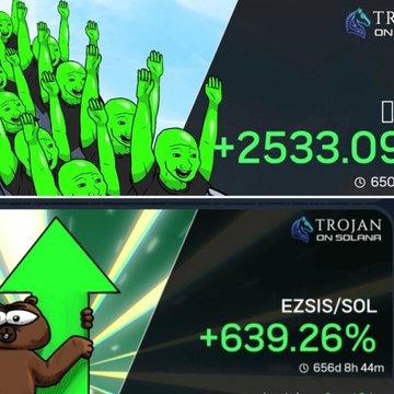 Two graphics from 'Trojan on Solana' show massive price surges: one features a crowd of green alien characters with +2533.09%, and the other shows a character holding a green arrow with EZSIS/SOL at +639.26%.