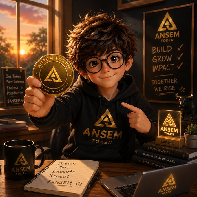 A Pixar-style 3D animated character wearing an "ANSEM TOKEN" hoodie holds up a branded coin, with a chalkboard listing "BUILD, GROW, IMPACT" and a notebook reading "Dream Plan Execute Repeat $ANSEM".
