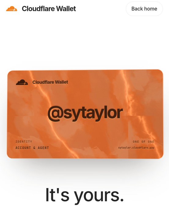 This image showcases a Cloudflare Wallet, featuring the handle "@sytaylor" on a digital card that reads "identity, account & agent" and "sytaylor.cloudflare.pay". The text "It's yours." indicates ownership and personalization of this digital identity.
