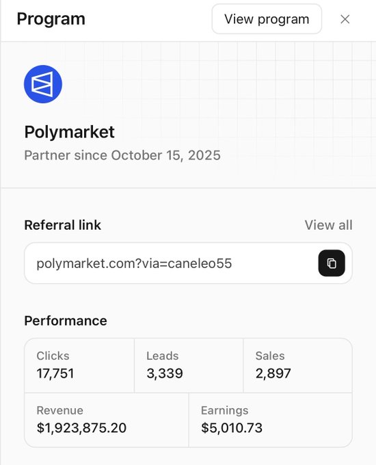 A mobile screenshot of a 'Polymarket' partner program dashboard displaying a referral link 'polymarket.com/?via=caneleo55' and performance stats including 17,751 clicks and $5,010.73 in earnings.