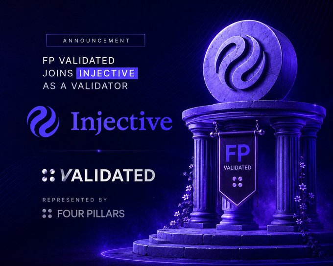 A purple-themed announcement graphic stating "FP VALIDATED JOINS INJECTIVE AS A VALIDATOR", represented by Four Pillars, featuring the Injective and Validated logos.