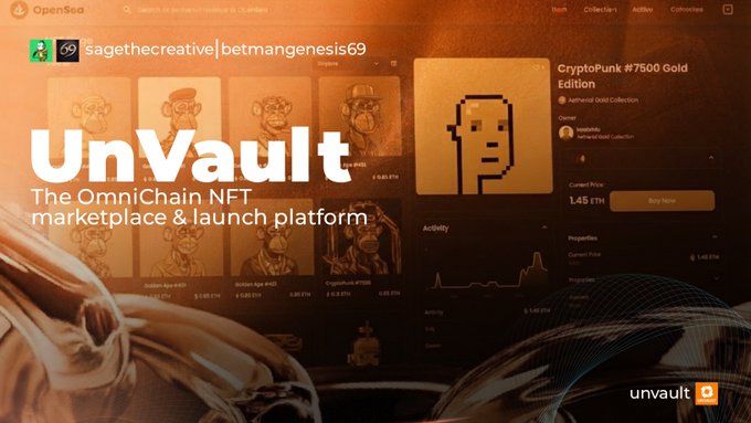 A promotional graphic for UnVault, described as 'The OmniChain NFT marketplace & launch platform,' featuring CryptoPunk NFT artwork and pricing details.