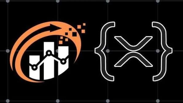 Two digital icons displayed on a black background: on the left, an orange graphic showing a bar chart with an upward arrow, and on the right, a white outline of the XRP cryptocurrency logo enclosed in curly braces.