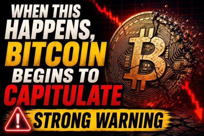 The image features a gold coin with a broken edge, which appears to be a Bitcoin. The text above the coin reads "When this happens, Bitcoin begins to capitulate. Strong Warning I'll catch you up in 10 minutes." This message is accompanied by an image of the coin and a warning sign.