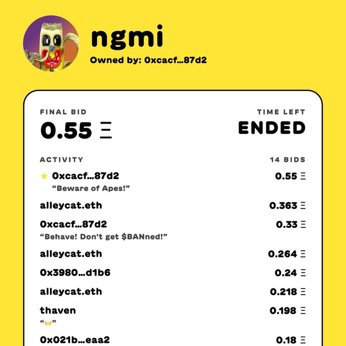 An auction results page for the ENS domain 'ngmi' showing it was won by 0xcacf...87d2 with a final bid of 0.55 ETH, including 14 total bids.