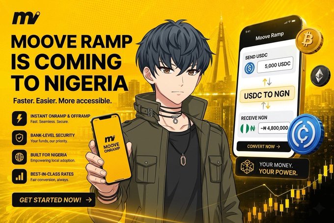 The image features an advertisement for Moove Ramp, a cryptocurrency exchange that is coming to Nigeria. The poster includes a man holding up his phone displaying the Moove Ramp app, which is designed to help users convert USDC to Naira easily and securely. The text on the poster highlights the benefits of using Moove Ramp in Nigeria, such as faster conversion times and improved security compared to traditional methods.