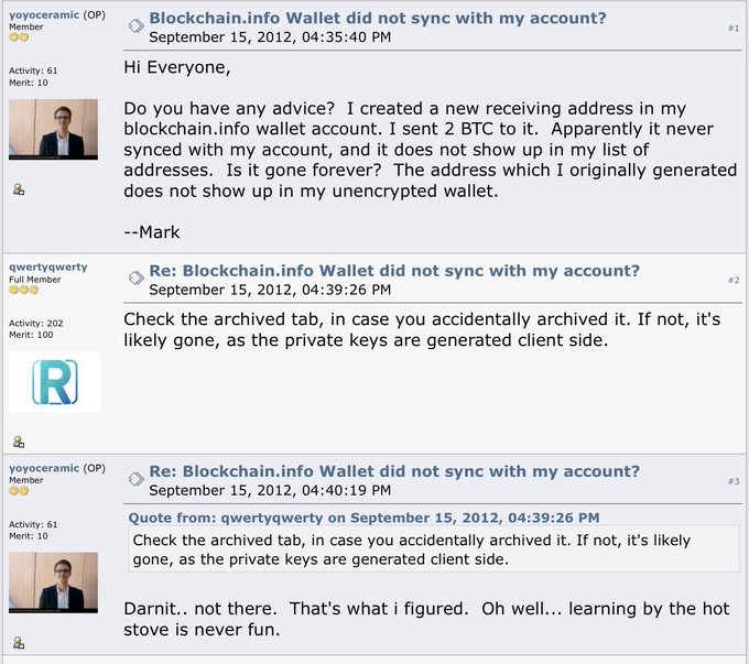 A forum thread from September 15, 2012, shows user "yoyoceramic" posting in the "Blockchain.info Wallet did not sync with my account?" thread, explaining they generated a new receiving address and sent 2 BTC to it that never synced with their wallet, prompting reply #2 from "qwertyqwerty" to check the archived tab as the private keys are generated client-side, which yoyoceramic quotes and laments that the 2 BTC is likely gone, illustrating the 2-bitcoin loss referenced in the post.