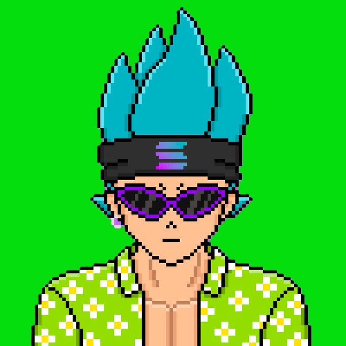 A pixel art portrait of a character with spiky cyan hair, a black headband, purple sunglasses, and a green floral Hawaiian shirt on a bright green background.