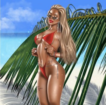 A 3D-rendered or stylized digital illustration depicts a tanned woman with long blonde hair in a red bikini and straw hat, posing in front of palm leaves and a tropical beach.