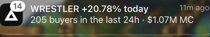 A notification or app screen shows 'WRESTLER +20.78% today' with '205 buyers in the last 24h · $1.07M MC' and a notification badge of 14.