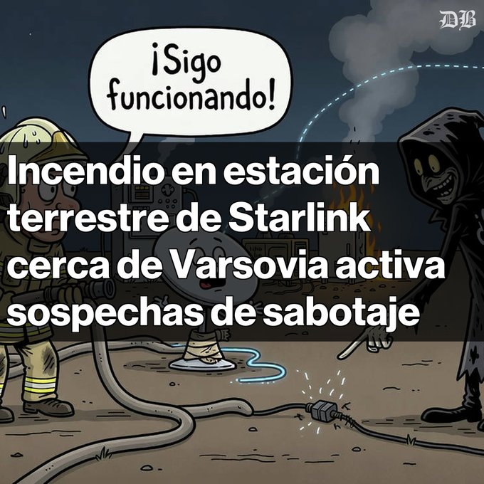 A cartoon illustration with the Spanish text '¡Sigo funcionando!' and 'Incendio en estación terrestre de Starlink cerca de Varsovia activa sospechas de sabotaje' showing a hooded figure and a firefighter.