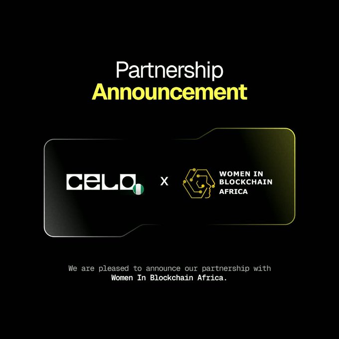 A partnership announcement graphic between Celo and Women In Blockchain Africa on a dark background.