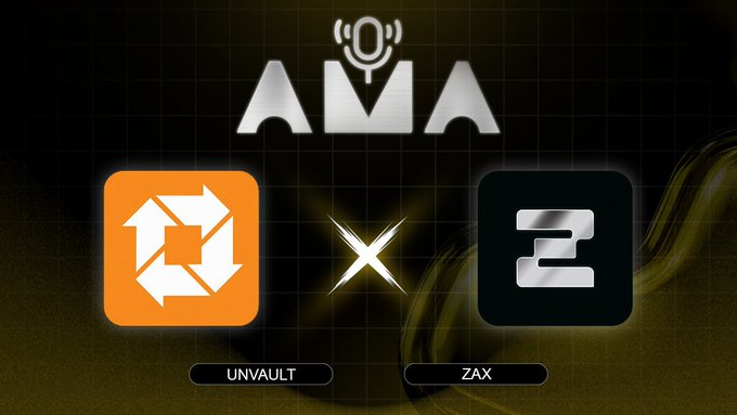 Promotional graphic for an AMA (Ask Me Anything) event featuring UnVault and ZAX (ZaxWeb3) logos separated by an "X," with the accompanying post announcing the event will be hosted by UnVault Co-Founder Aaron Haber in the ZaxWeb3 Discord at 10AM Pacific.
