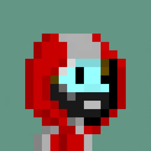 A pixel art depiction of a character with a red helmet and a light blue visor against a teal background.
