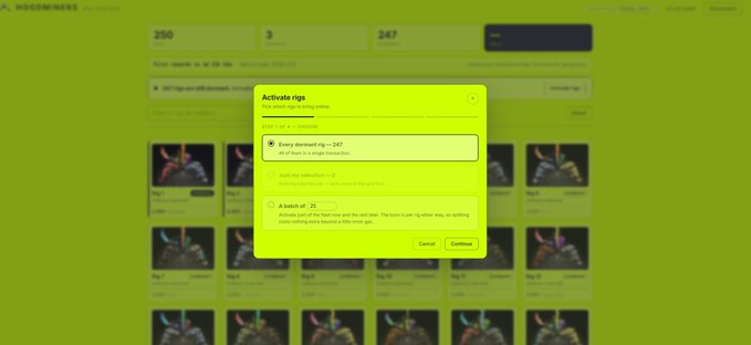 A bright yellow modal titled "Activate rigs" overlays a mining dashboard showing numbers like 250, 3, and 247, illustrating the platform's bulk activation feature that allows users to select multiple rigs simultaneously to fulfill the "Activate all miners at once or in bulk of 25" capability mentioned in the post.