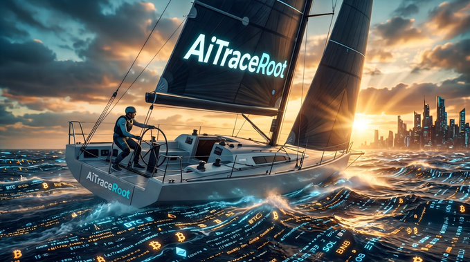 A solo sailor steers a sailboat emblazoned with "AiTraceRoot" across a golden, turbulent ocean overlaid with cryptocurrency tickers like BTC and ETH, with a distant city skyline glowing at the horizon. The image visually echoes the post's metaphor of navigating volatile crypto markets, positioning AiTraceRoot as a sturdy vessel guiding users toward their own "shore of happiness" amid the storm.