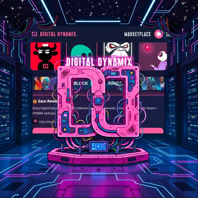 A vibrant, futuristic digital marketplace scene featuring the 'DIGITAL DYNAMIX' branding with neon pink and purple tones, displaying cartoon avatars and NFT-related text including 'Earn Rewards' and 'Claim Rewards'.