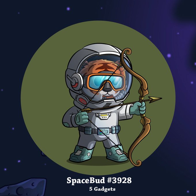 An illustration of a tiger wearing an astronaut helmet and suit holding a bow and arrow, labeled 'SpaceBud #3928 5 Gadgets'.