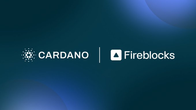 The image features two logos, one for Cardano and another for Fireblocks, both set against a blue background with white text. The Cardano logo displays a white triangle with the word "Cardano" written below it, while the Fireblacks logo shows a white square with the words "Fireblocks" written above it. Both logos are positioned on top of each other in the image.