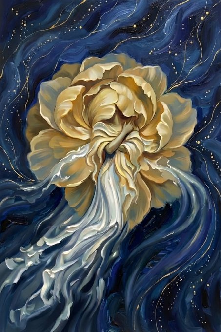 A digital artwork featuring a flowing golden/cream colored flower or wave-like form against a swirling dark blue cosmic background with golden sparkles.