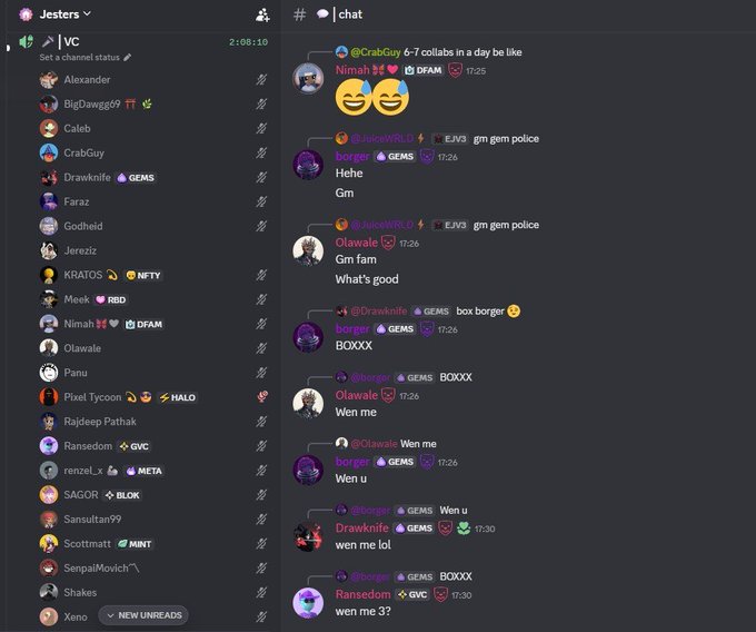 A screenshot of a Discord chat interface for the 'Jesters' VC server, showing a list of members and active conversations between users including CrabGuy, Drawknife, borger, Olawale, and Ransedom with messages about police and 'wen me'.