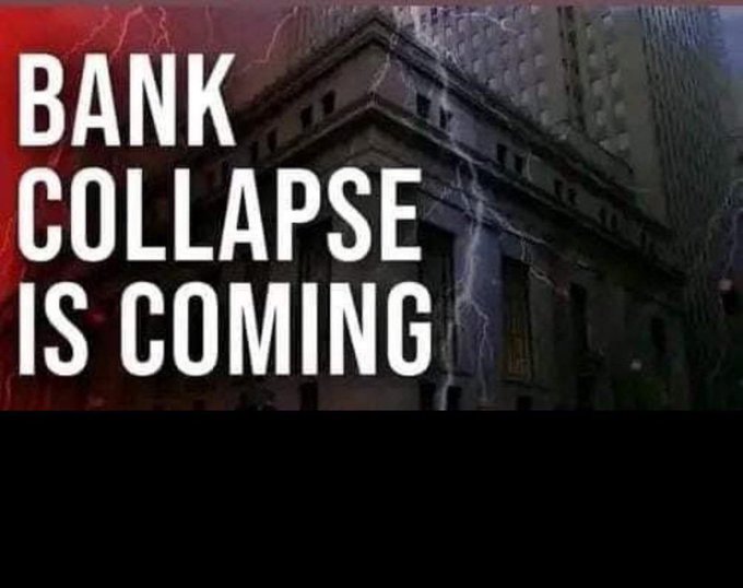 A dark, ominous image of a classical bank building overlaid with red hues and lightning, featuring bold white text reading "BANK COLLAPSE IS COMING." The graphic visually reinforces the post's apocalyptic warning about a financial system collapse, loss of assets, and the rise of digital currencies like XRP and XLM as the enforced new monetary order following a "great reset."
