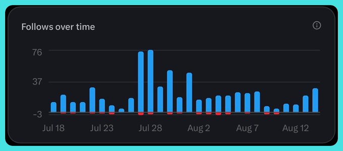 A bar chart titled 'Follows over time' displays engagement metrics from Jul 18 to Aug 12, with values ranging from -3 to 76 and notable spikes in late July.