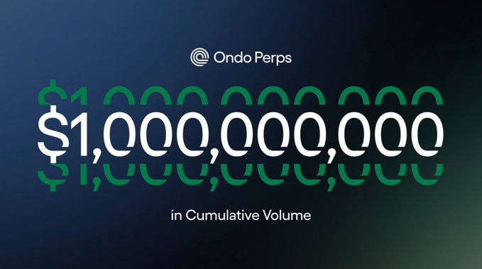 The image shows a $1 Billion price tag with a large green "O" beneath it, and an illustration of multiple dollar signs representing $1 Billion. This suggests that the value associated with this particular item or service is $1 Billion. It seems the image is part of a larger promotional campaign for Ondo Perps' new product launch or related to their ongoing beta testing phase in Cumulative Volume mode.