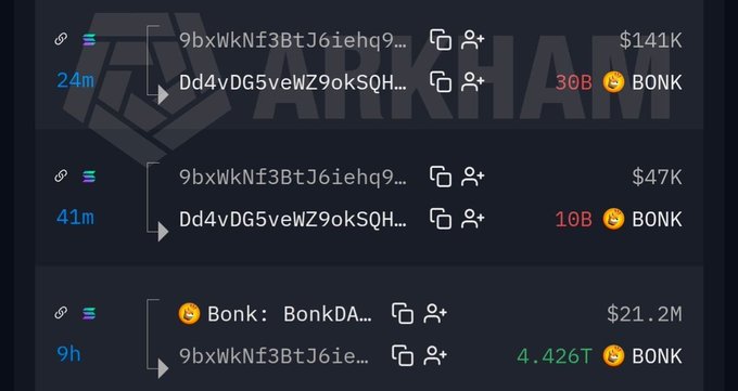 A screenshot of cryptocurrency transaction histories showing wallet addresses, transaction hashes, and large BONK token transfers including amounts like $141K, $47K, and $21.2M.
