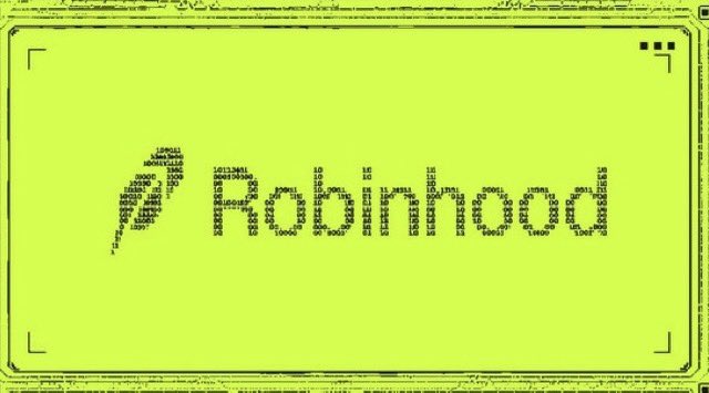 A green screen-style graphic displaying the Robinhood logo made of binary code with a scan-line effect.