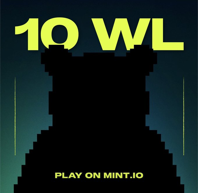 A graphic shows a black pixelated character silhouette with the yellow text '10 WL' at the top and 'PLAY ON MINT.IO' at the bottom.