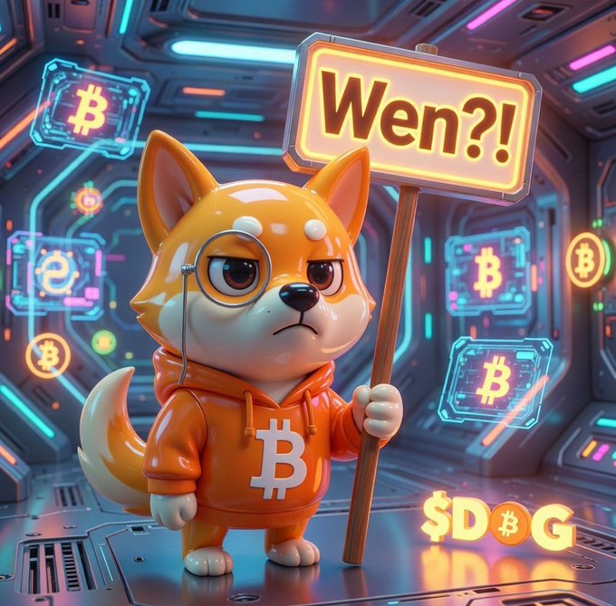 A 3D-rendered cartoon dog character wearing an orange Bitcoin hoodie and monocle holds a sign reading 'Wen?!' inside a futuristic sci-fi corridor decorated with glowing Bitcoin symbols and digital displays.