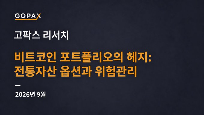 A dark-themed promotional graphic from GOPAX featuring Korean text '고팍스 리서치' (GOPAX Research) and '비트코인 포트폴리오의 해자: 전통자산 옵션과 위험관리' (Bitcoin Portfolio Hedge: Traditional Asset Options and Risk Management), dated September 2026.