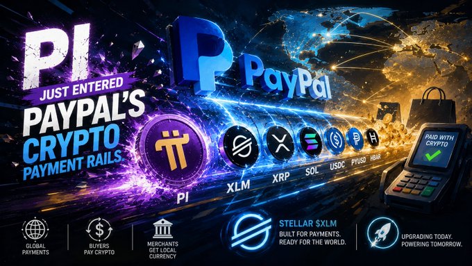 The image is a promotional graphic announcing that Pi Network (PI) has joined PayPal's cryptocurrency payment rails, featuring the PayPal logo alongside badges for supported coins including Pi, XLM, XRP, SOL, USDC, and PYUSD, with a "Paid with Crypto" point-of-sale terminal on the right. A tagline at the bottom highlights Stellar (XLM) as "Built for Payments. Ready for the World," reinforcing the post's focus on the $XLM angle within PayPal's new crypto payment ecosystem.