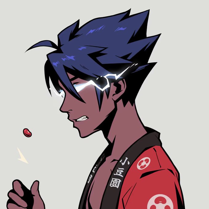 An anime-style illustration shows a dark-skinned character with spiky blue hair and glowing sunglasses, wearing a red kimono with white circular patterns and Japanese text.