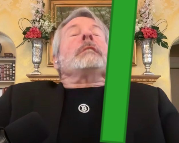 A man with closed eyes and a gray beard wearing a black shirt with a Bitcoin symbol, appearing to meditate with a large green beam crossing the frame in what looks like a video call.