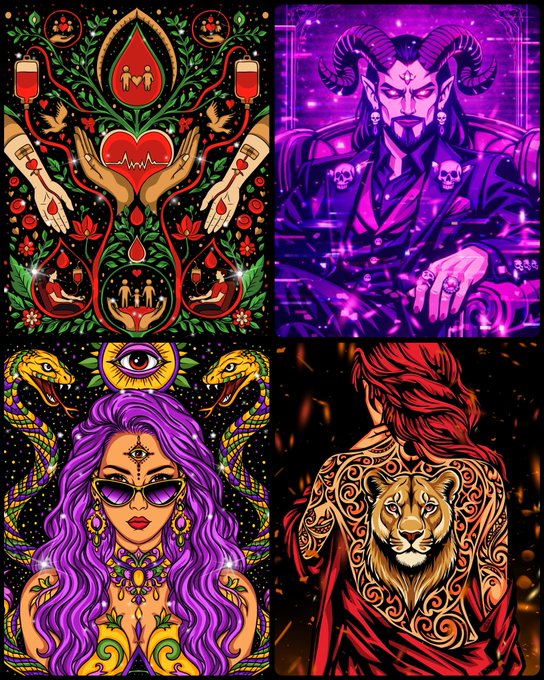A collage of four vibrant illustrations featuring a green and red floral design with hearts, a purple mystical figure with horns, a purple-haired woman with snakes, and a woman with a lion back tattoo.