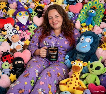 A woman sitting on a couch surrounded by numerous plush toys and stuffed animals, wearing purple pajamas with cartoon patterns and holding a mug with a skull design.