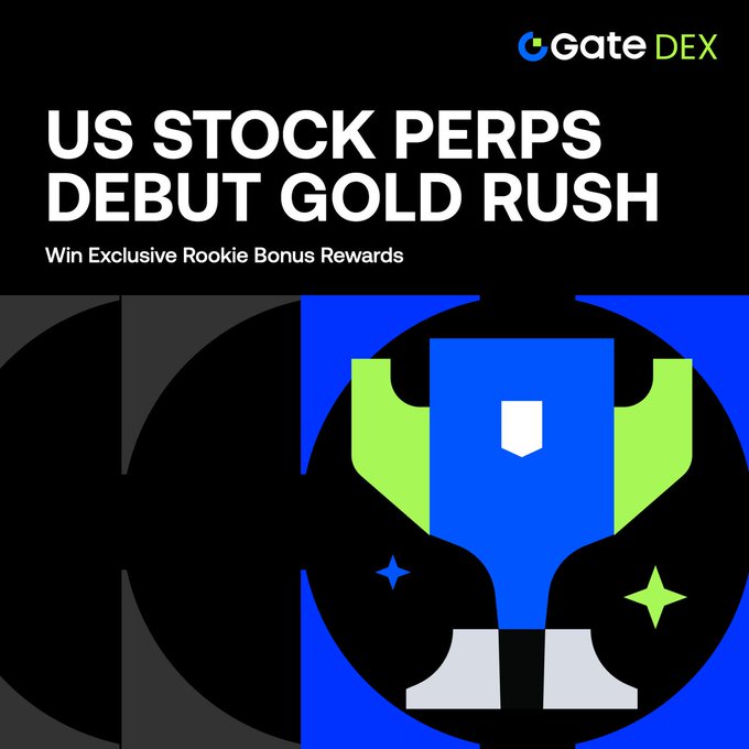 The image features an advertisement for a stock market competition called "DEX US Stock Perps Debut Gold Rush". The text on the poster reads "US Stock Perps Debut Gold Rush" while there's an illustration of a trophy that represents winning in this competition. A blue circle with a green and white star is also present, which further emphasizes the theme of stock market competitions. The advertisement suggests that US Stock Perps pairs are being offered for trading on the BNB Chain, and to be considered participating in this event would require reaching a total trading volume of at least 20,000 USDT.