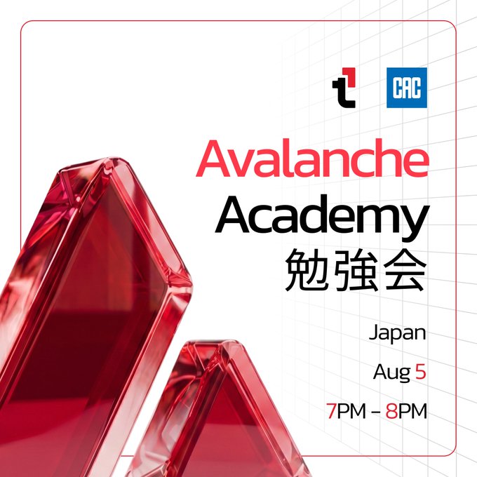 A promotional poster for an 'Avalanche Academy' study group (勉強会) in Japan on August 5 from 7PM to 8PM, featuring red triangular crystal graphics, the Avalanche logo, and a 'CRAC' logo.